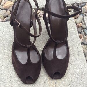 Balenciaga Brown Heels with Peep-Toe and T-Strap Design